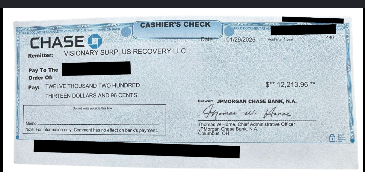 Los Angeles County, California's recovery check for $12,213.96