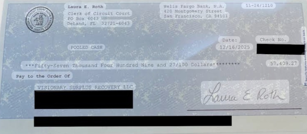 San Francisco County, California's recovery check for $57,409.27
